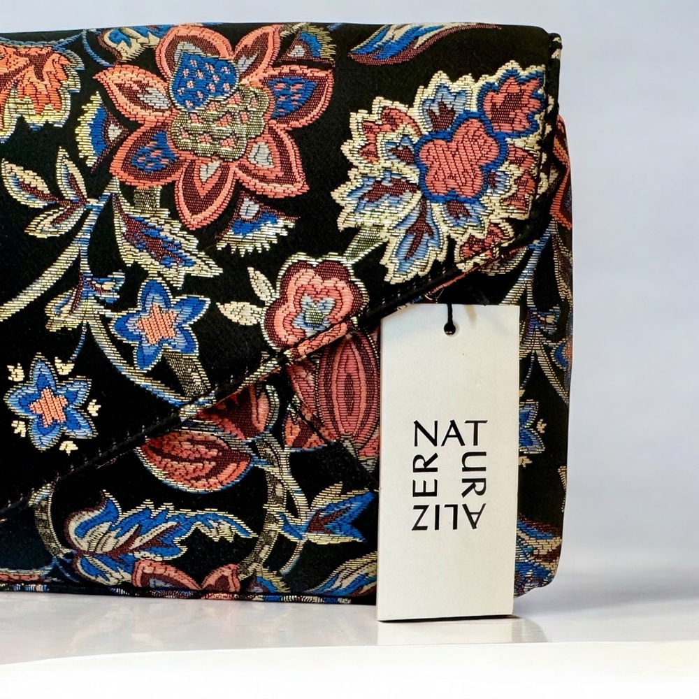 NATURALIZER Embroidered Clutch Purse Black Gold Floral w/ Chain Evening NWT - Picture 2 of 14